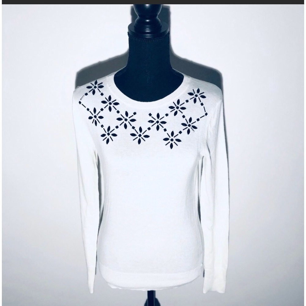 Jones New York Ecru White Beaded Floral Crew Neck Sweater XXS